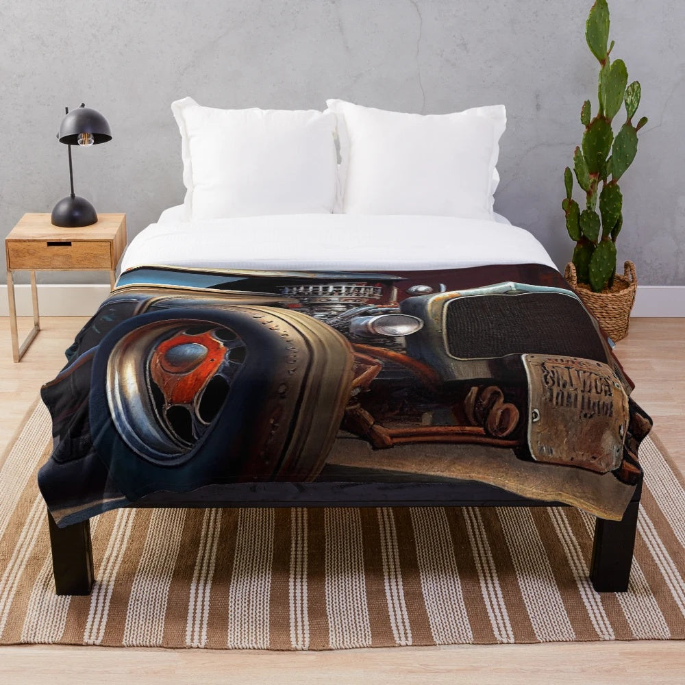 Rat rod plush blanket featuring classic hot rod design