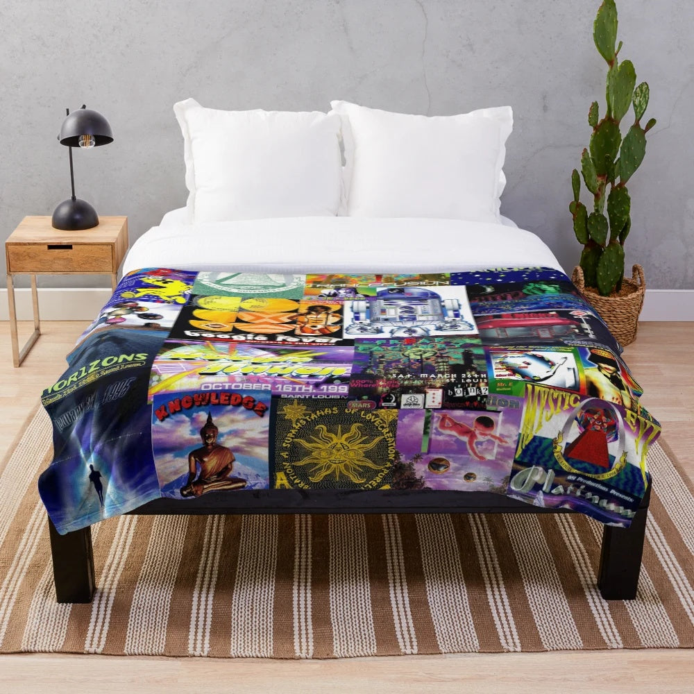 Retro 90s rave-inspired plush blanket with rave flyer graphics