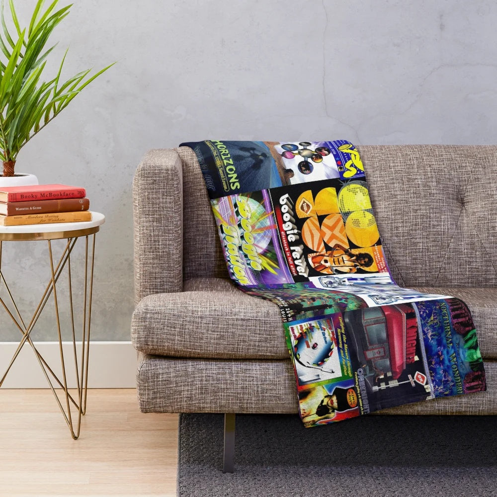 Retro 90s rave-inspired plush blanket with rave flyer graphics
