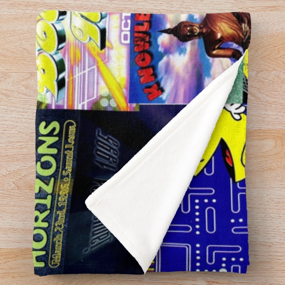 Retro 90s rave-inspired plush blanket with rave flyer graphics