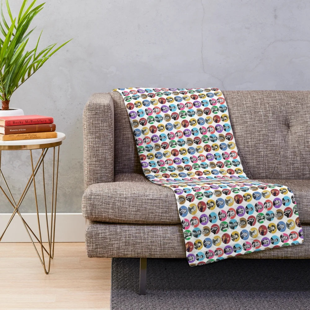 Rik Mayall inspired plush blanket featuring iconic characters from Drop Dead Fred, The Young Ones, and more