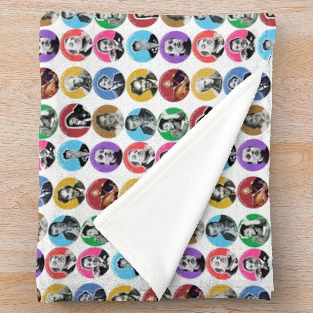 Rik Mayall inspired plush blanket featuring iconic characters from Drop Dead Fred, The Young Ones, and more
