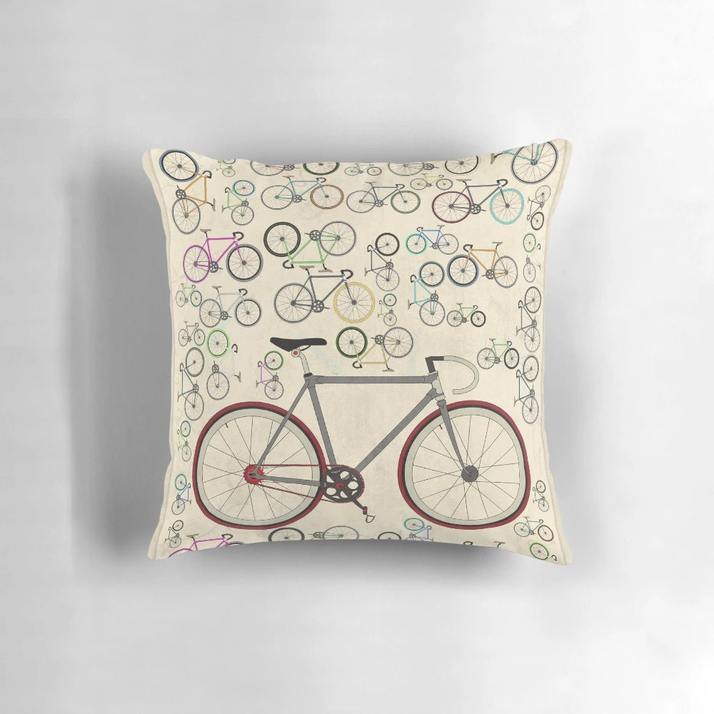 Vintage-style road bike throw pillow featuring a classic fixie bicycle design