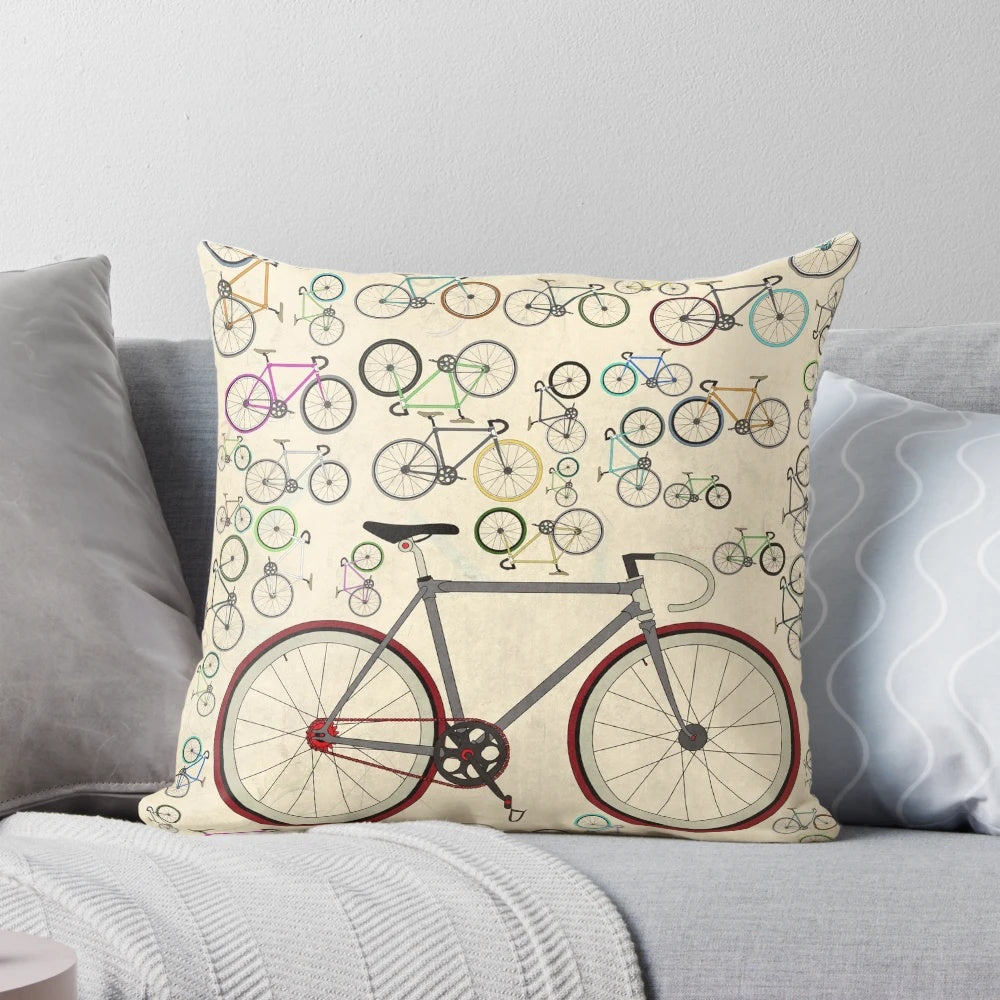 Vintage-style road bike throw pillow featuring a classic fixie bicycle design