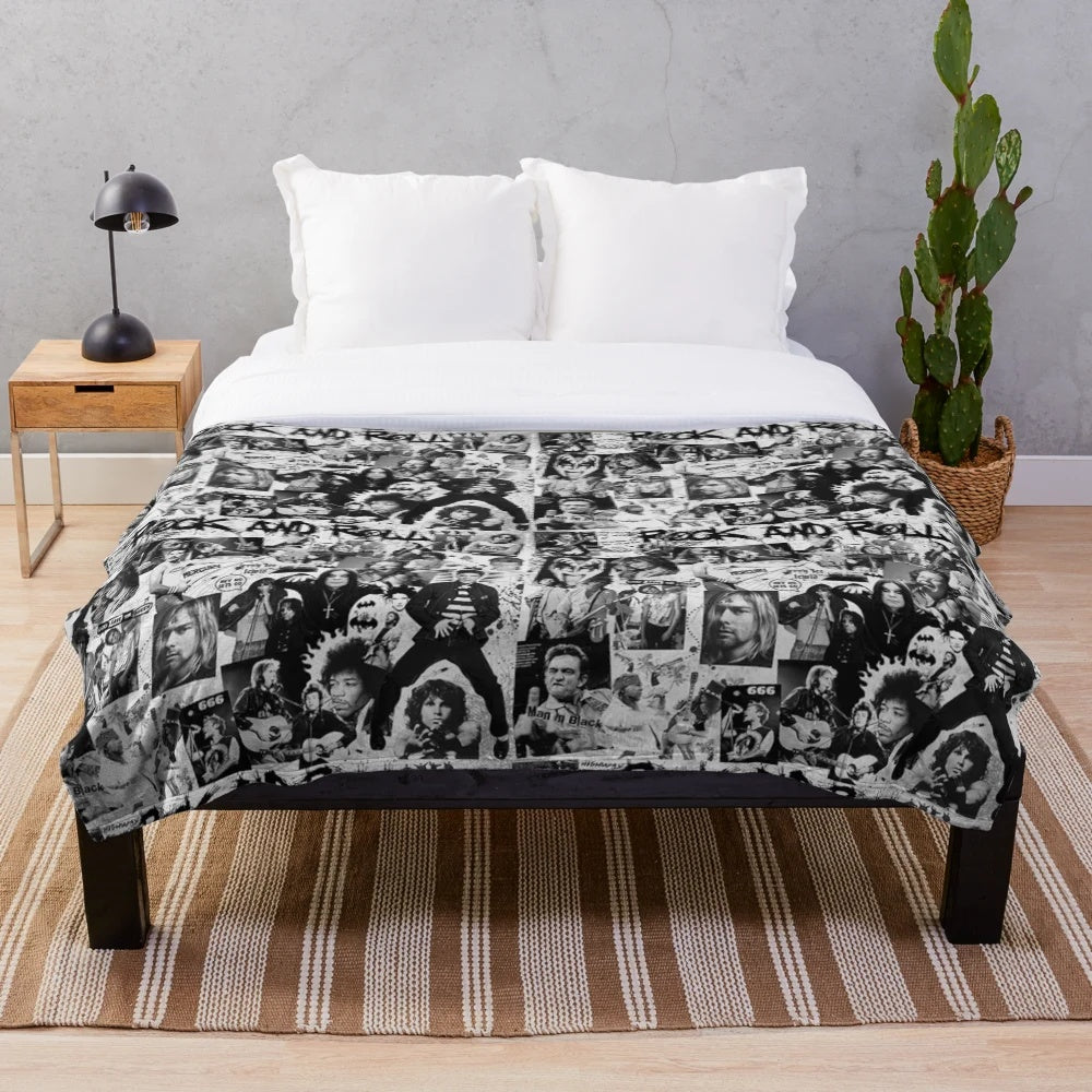 Retro rock and roll plush blanket featuring a collage of iconic music artists and symbols