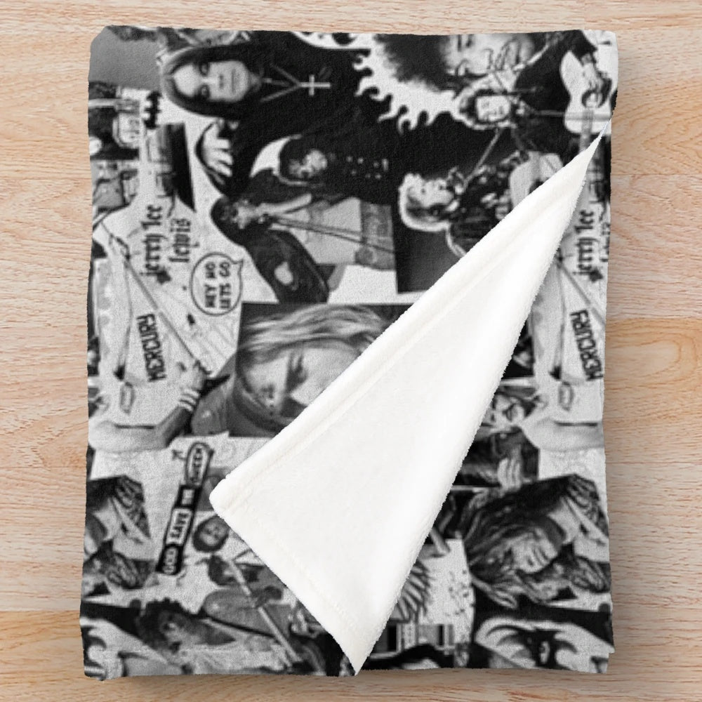 Retro rock and roll plush blanket featuring a collage of iconic music artists and symbols