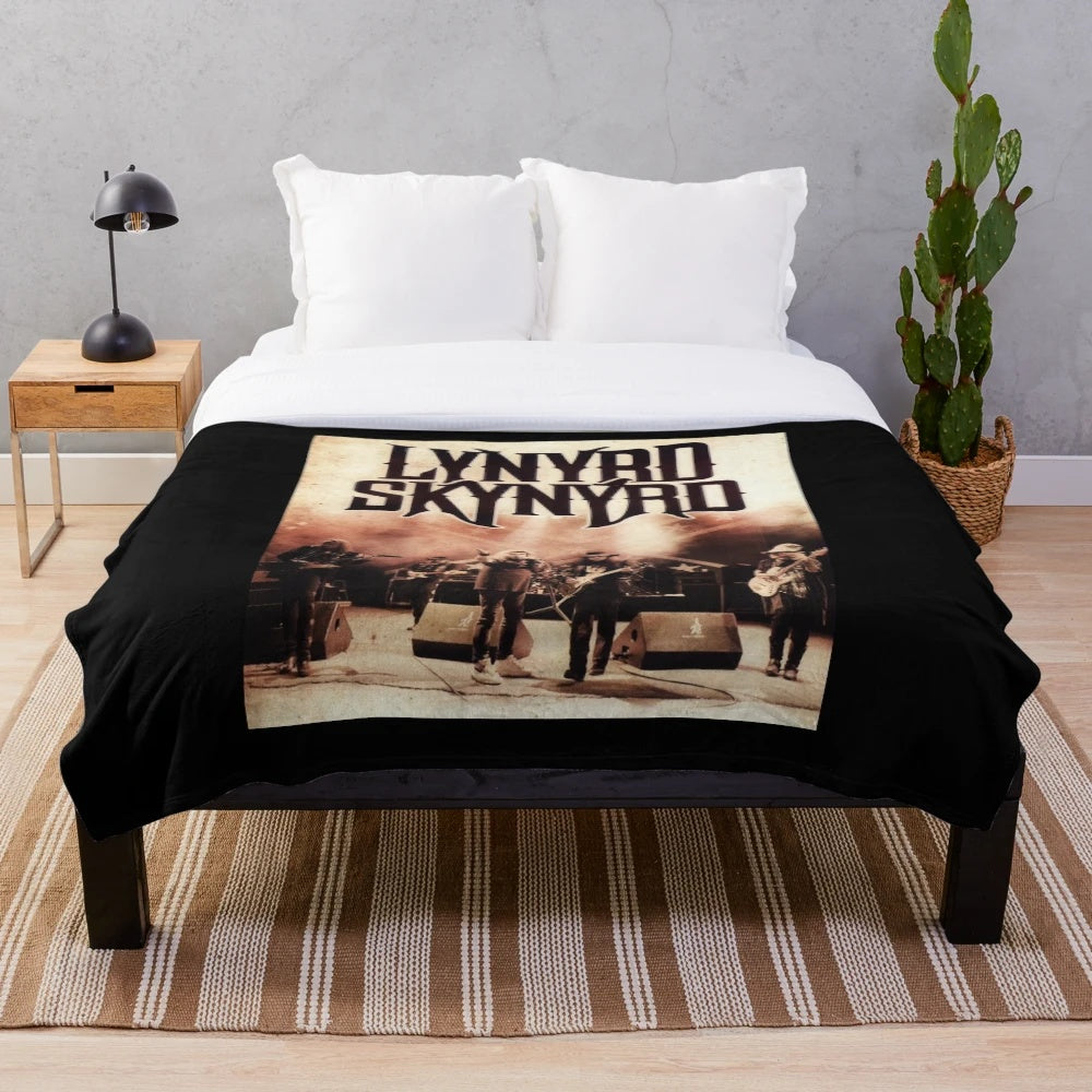 Retro rock band plush blanket featuring classic rock music imagery