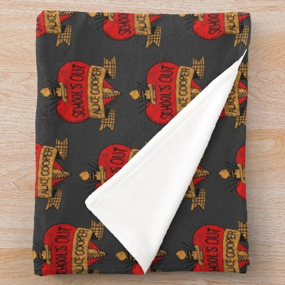 Retro rock music grey plush blanket with Alice Cooper's School's Out design