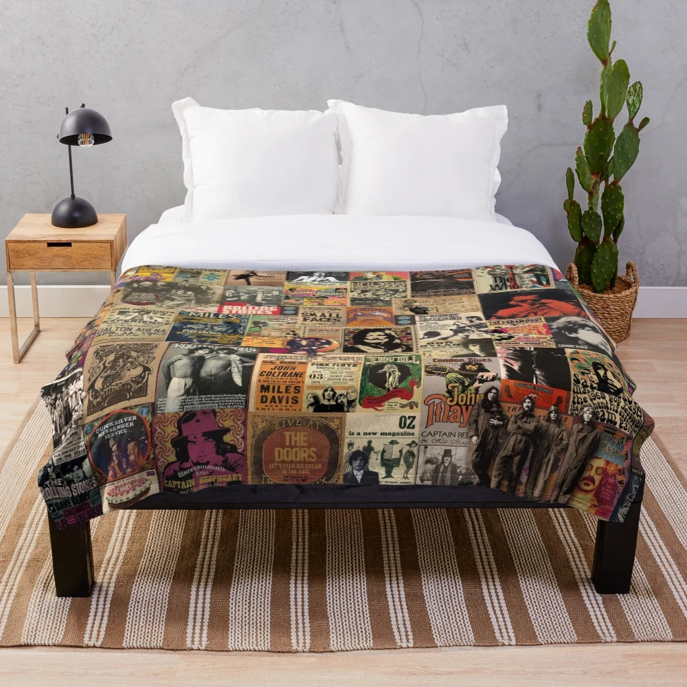 Rock n' roll plush blanket featuring a collage of vintage music icons and psychedelic designs