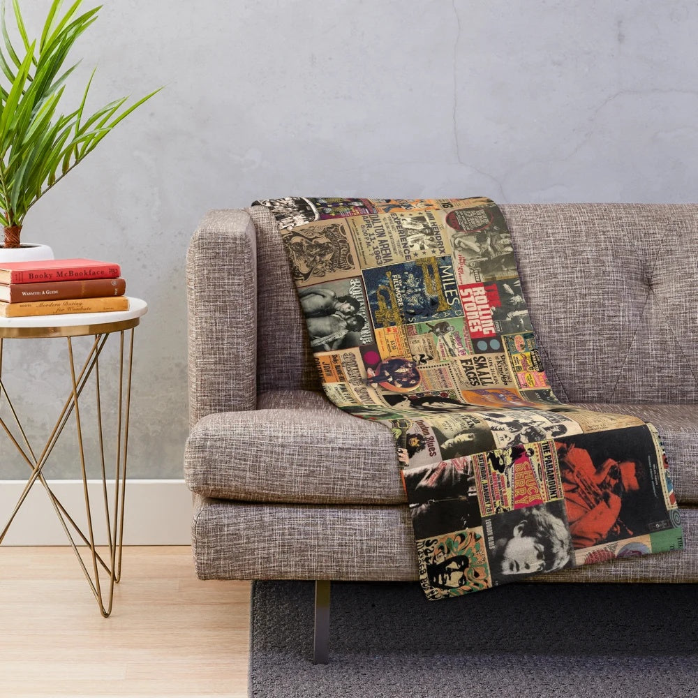 Rock n' roll plush blanket featuring a collage of vintage music icons and psychedelic designs