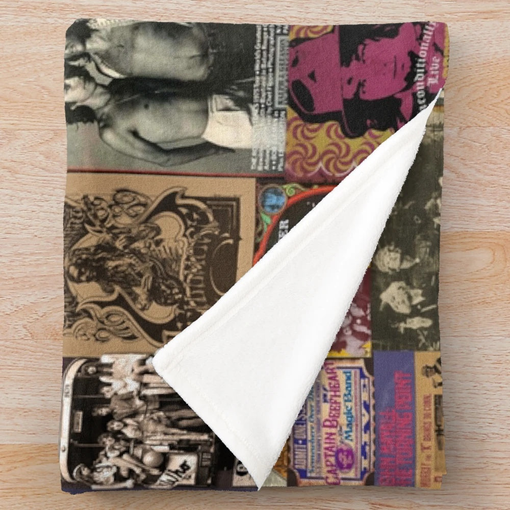 Rock n' roll plush blanket featuring a collage of vintage music icons and psychedelic designs