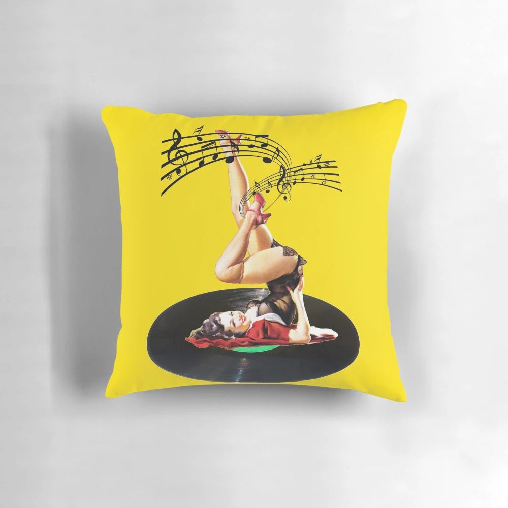 Vibrant retro rockabilly goddess pillow with 60s surf culture inspired design