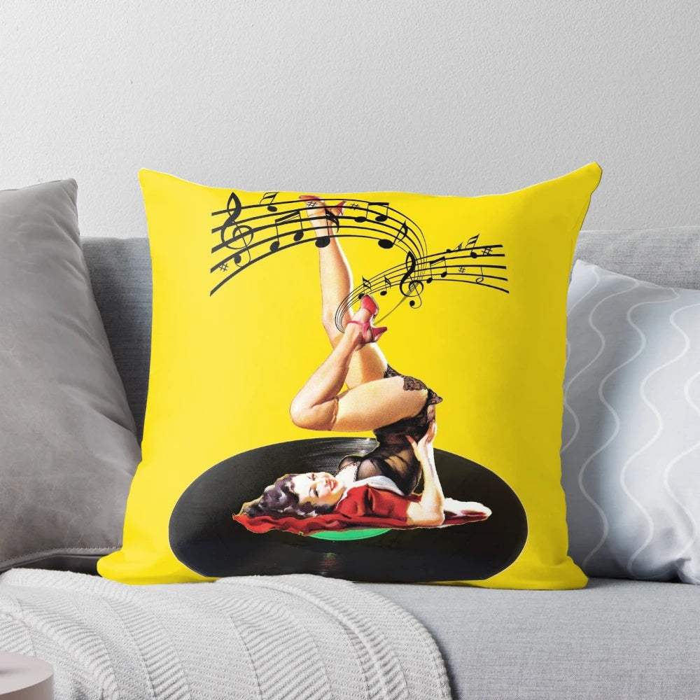 Vibrant retro rockabilly goddess pillow with 60s surf culture inspired design