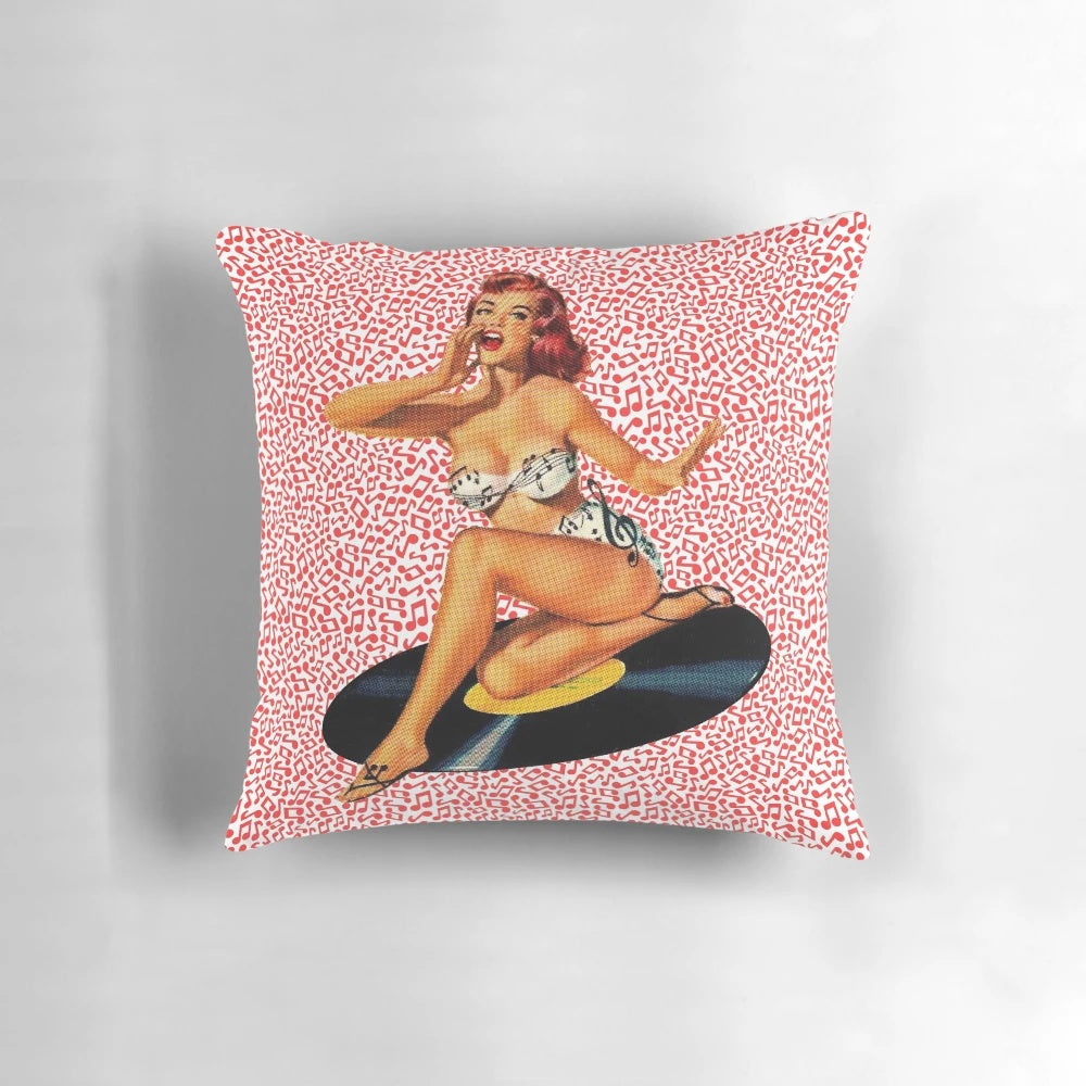 Vintage-inspired Rockabilly Goddess Pillow featuring a vibrant pin-up style design
