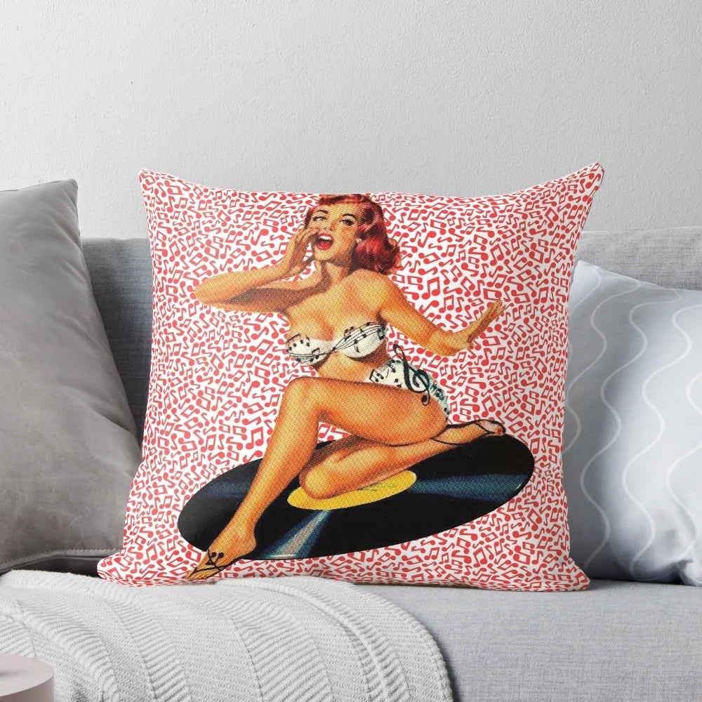 Vintage-inspired Rockabilly Goddess Pillow featuring a vibrant pin-up style design