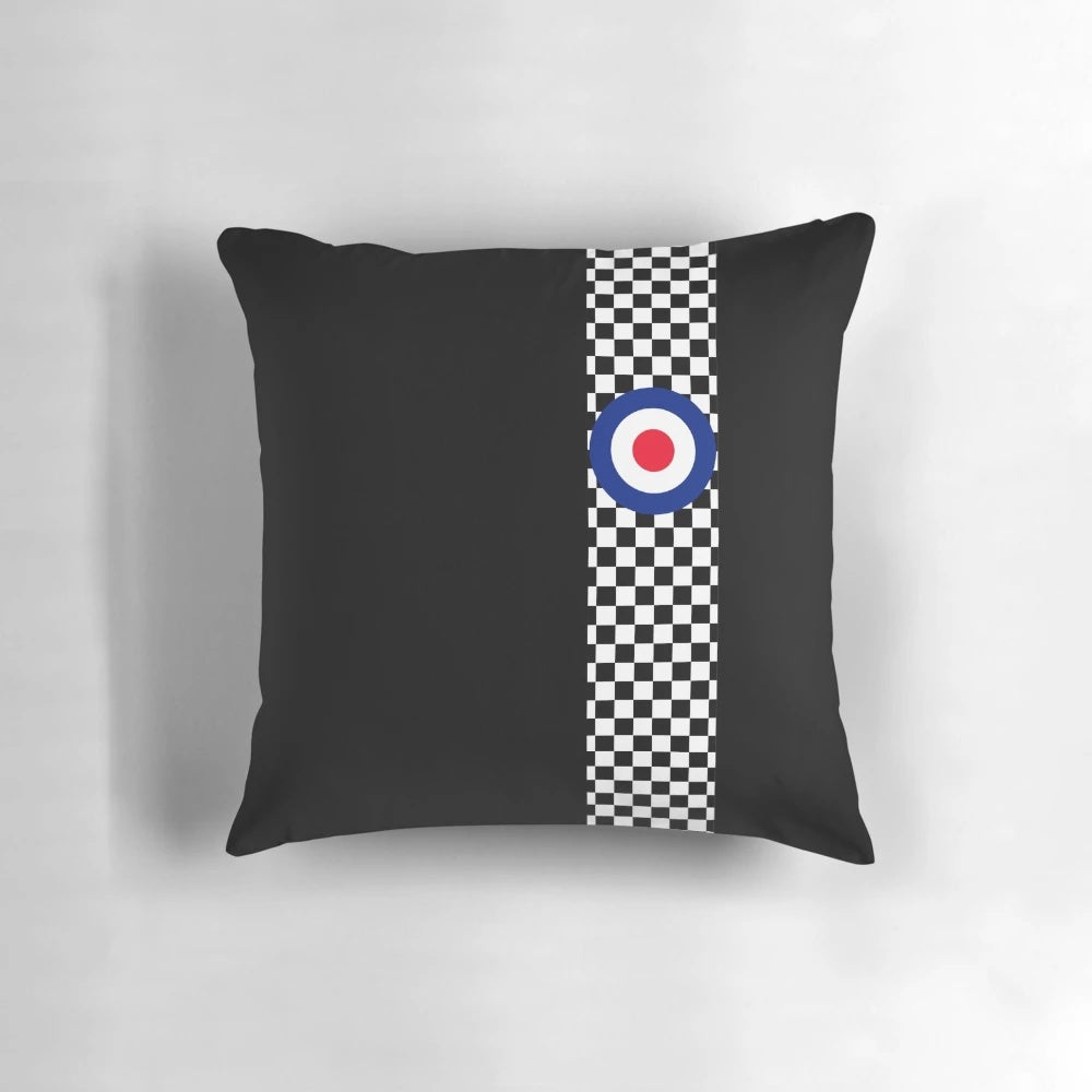 Retro round graphic decorative pillow with bold, simple design