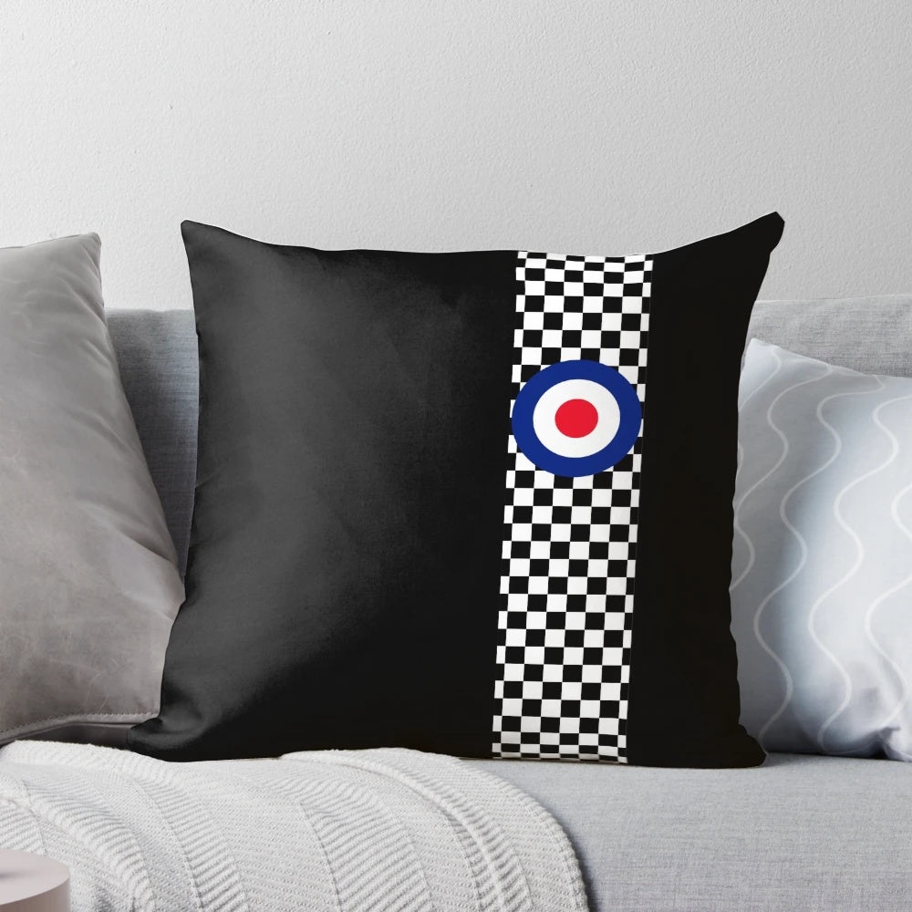 Retro round graphic decorative pillow with bold, simple design