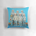 Retro sci-fi inspired pillow featuring a cute, cartoonish astronaut tree frog in a space setting