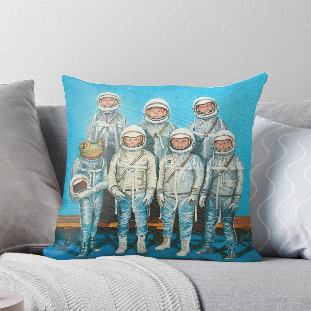 Retro sci-fi inspired pillow featuring a cute, cartoonish astronaut tree frog in a space setting