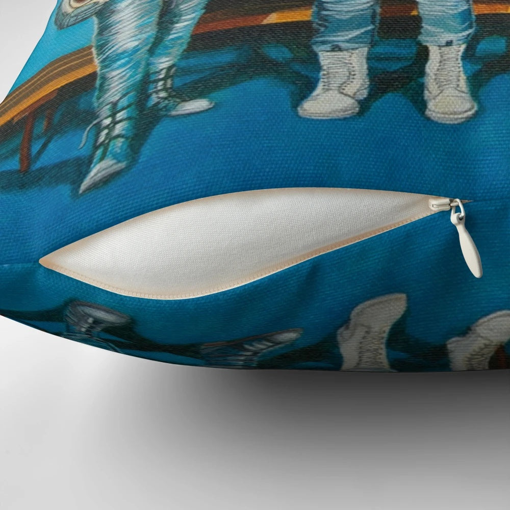 Retro sci-fi inspired pillow featuring a cute, cartoonish astronaut tree frog in a space setting