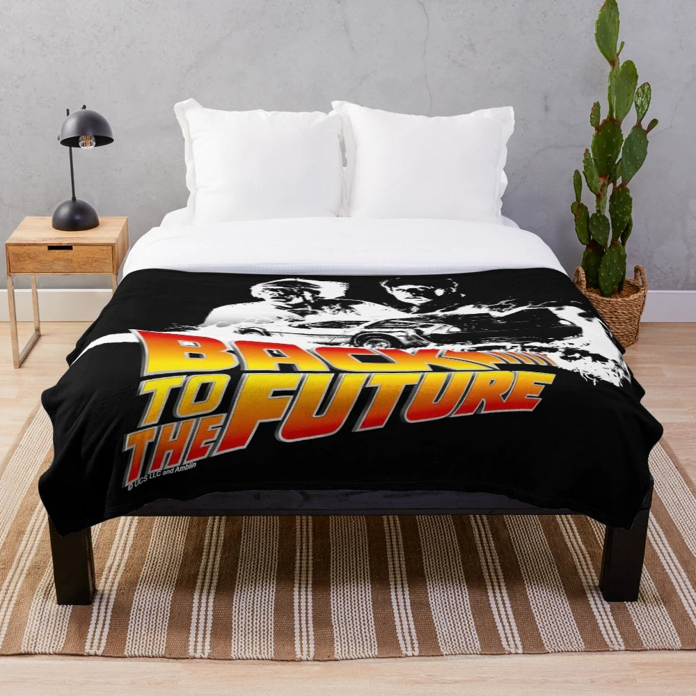 Back to the Future inspired plush blanket featuring DeLorean car, Marty McFly and Doc Brown stencil art
