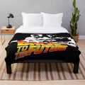Back to the Future inspired plush blanket featuring DeLorean car, Marty McFly and Doc Brown stencil art