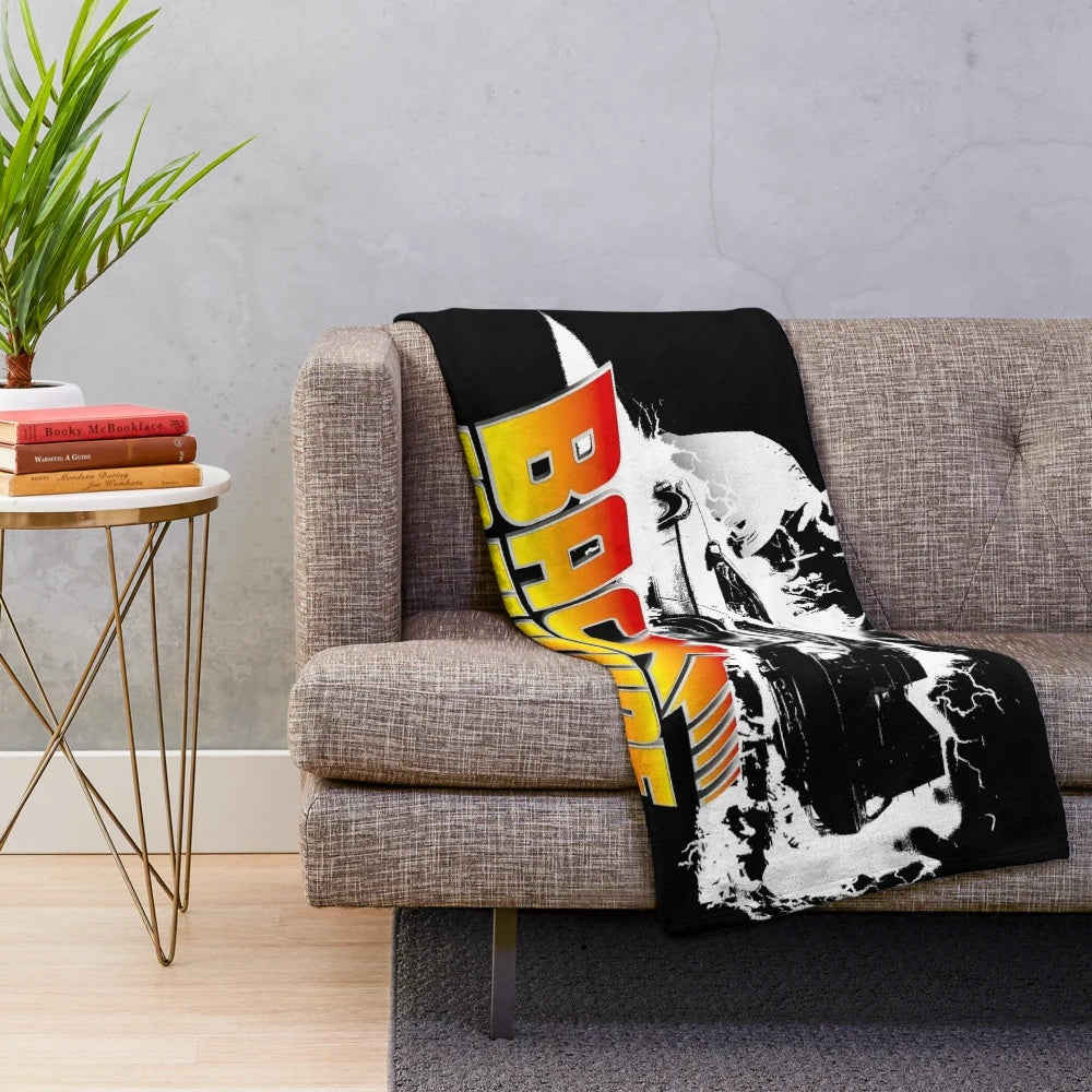 Back to the Future inspired plush blanket featuring DeLorean car, Marty McFly and Doc Brown stencil art