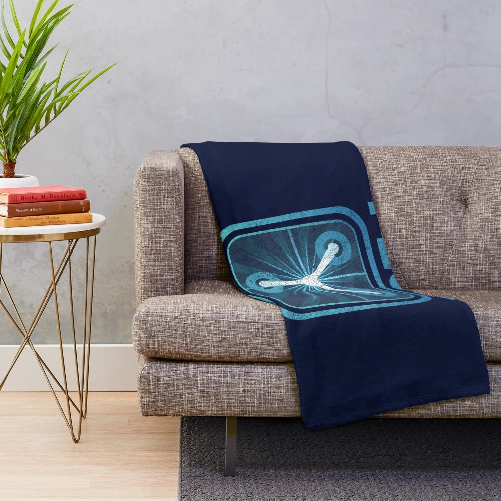 Retro sci-fi inspired plush blanket featuring the iconic flux capacitor design from the Back to the Future movie