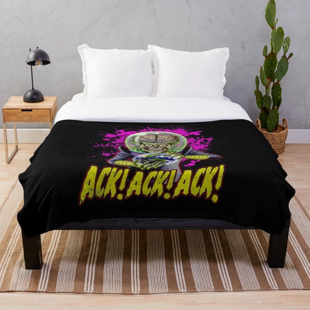 Retro sci-fi Mars Attacks inspired plush blanket with fun alien design