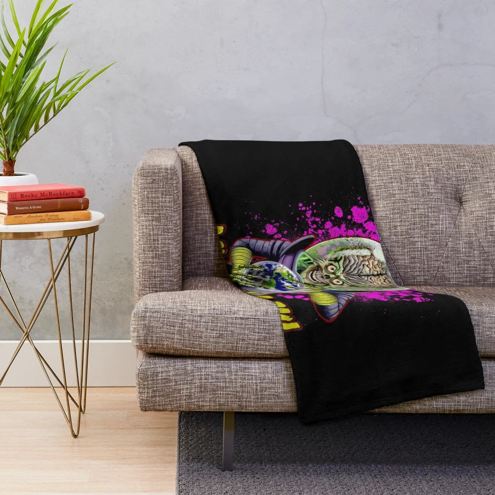 Retro sci-fi Mars Attacks inspired plush blanket with fun alien design
