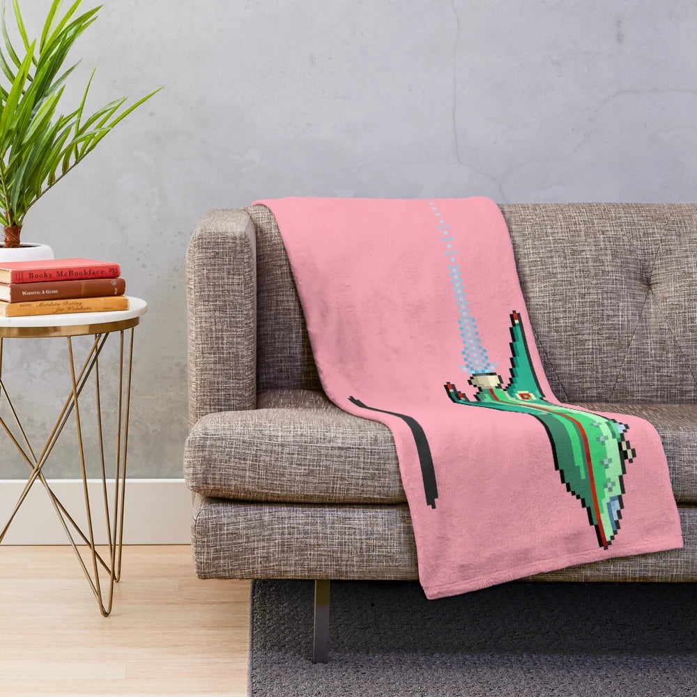 Retro sci-fi spacecraft plush blanket with pixelated design