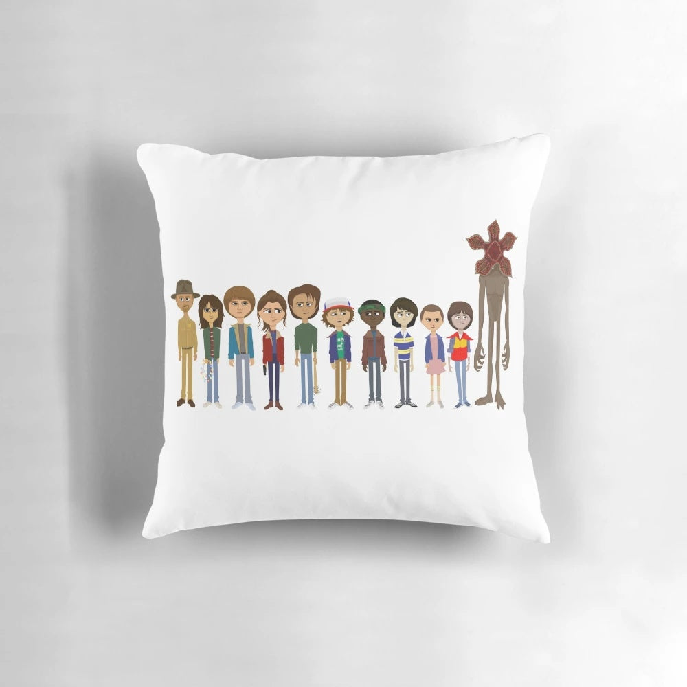 Colorful Stranger Things characters fan art printed on a throw pillow