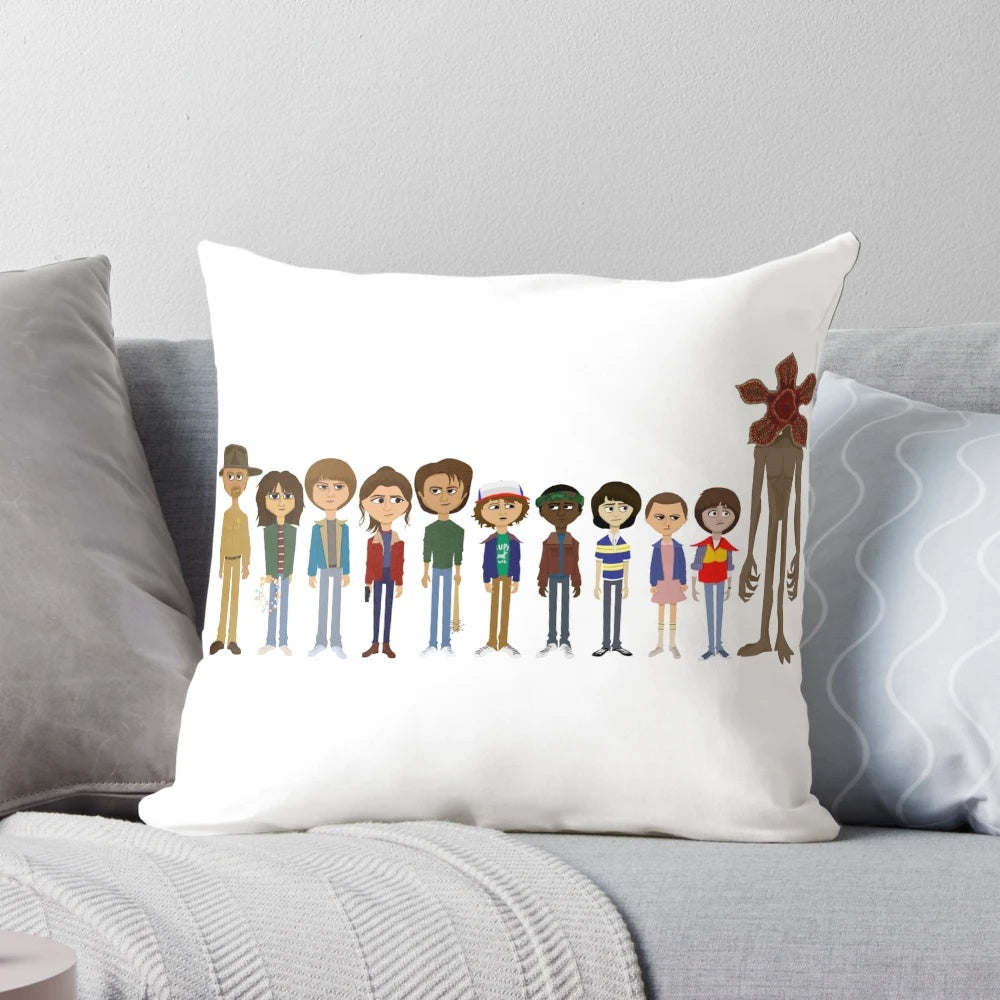 Colorful Stranger Things characters fan art printed on a throw pillow