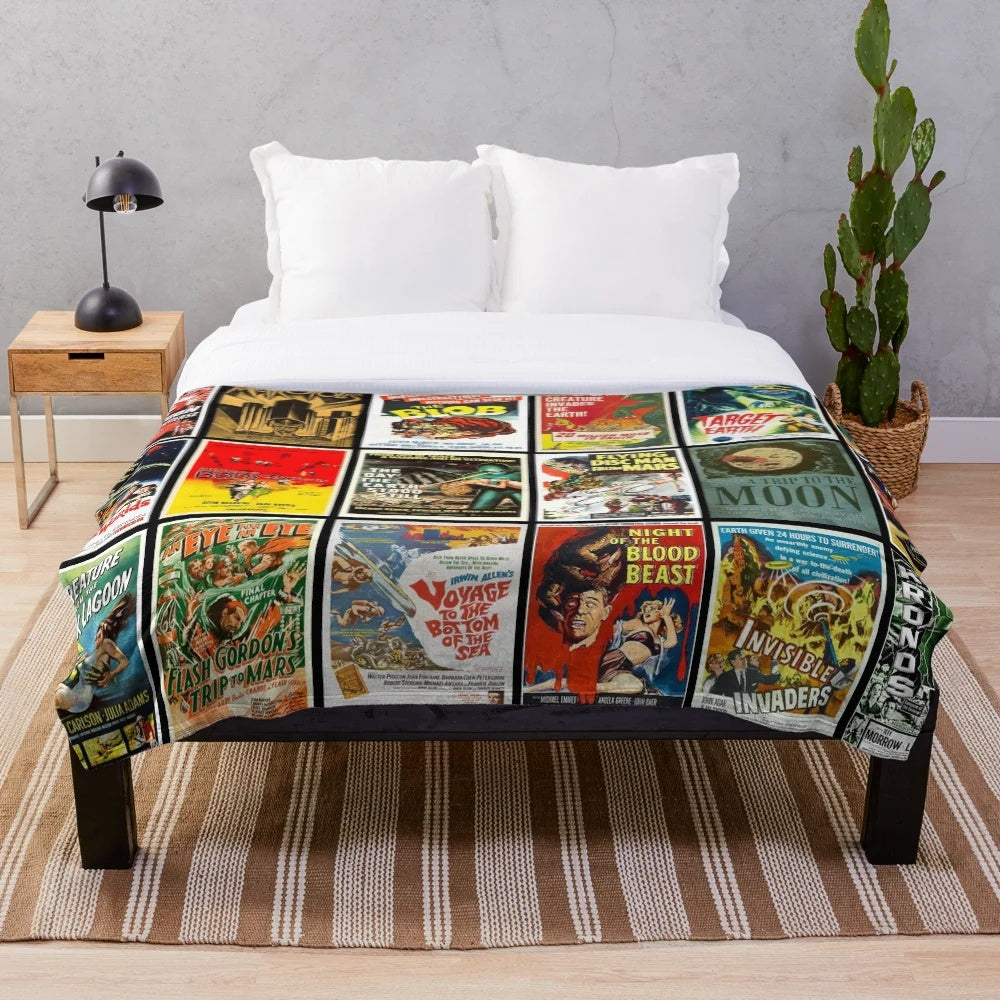 Retro science fiction movie poster inspired plush blanket
