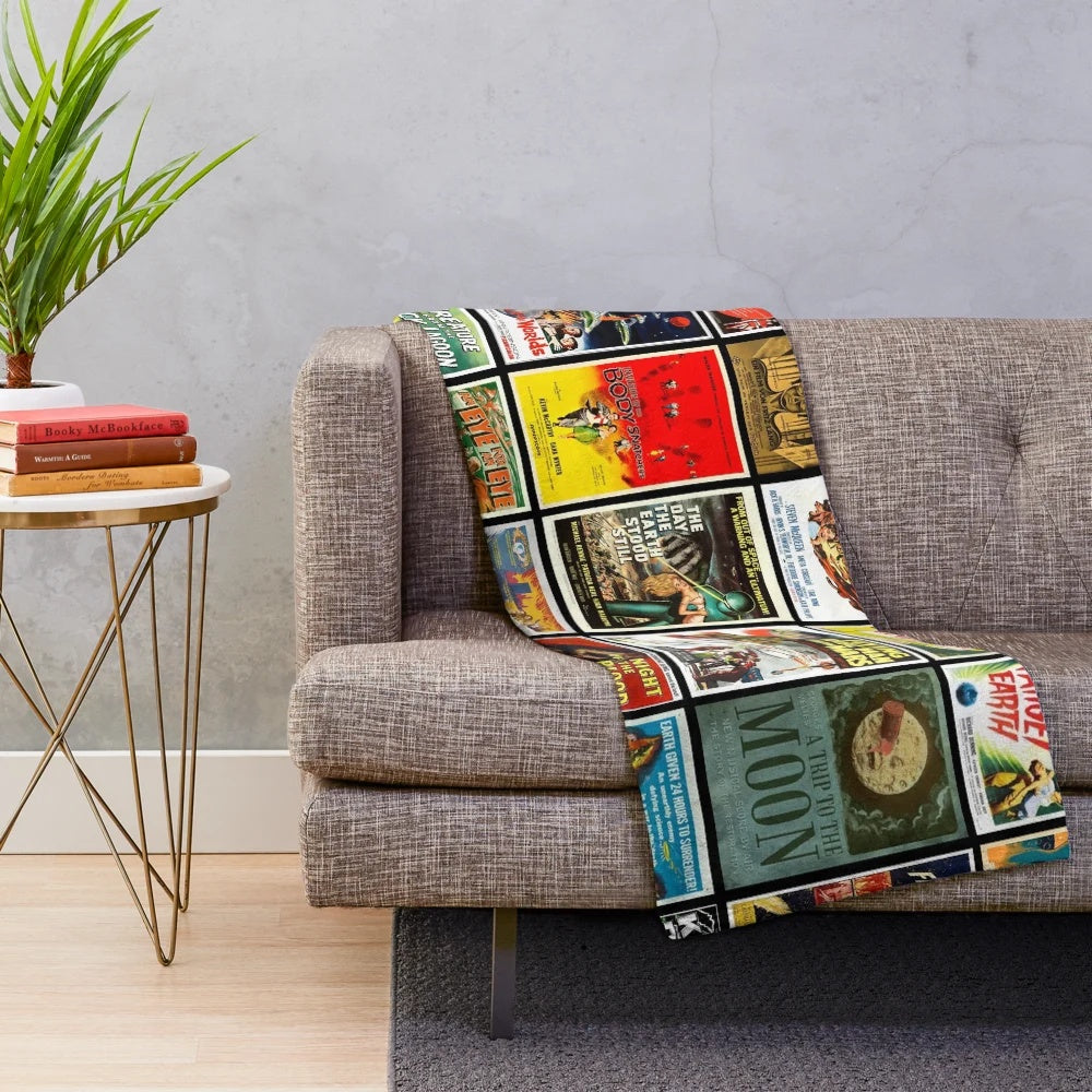 Retro science fiction movie poster inspired plush blanket