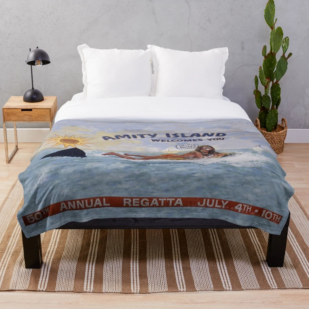 Plush blanket with a retro design inspired by the classic 1970s film Jaws