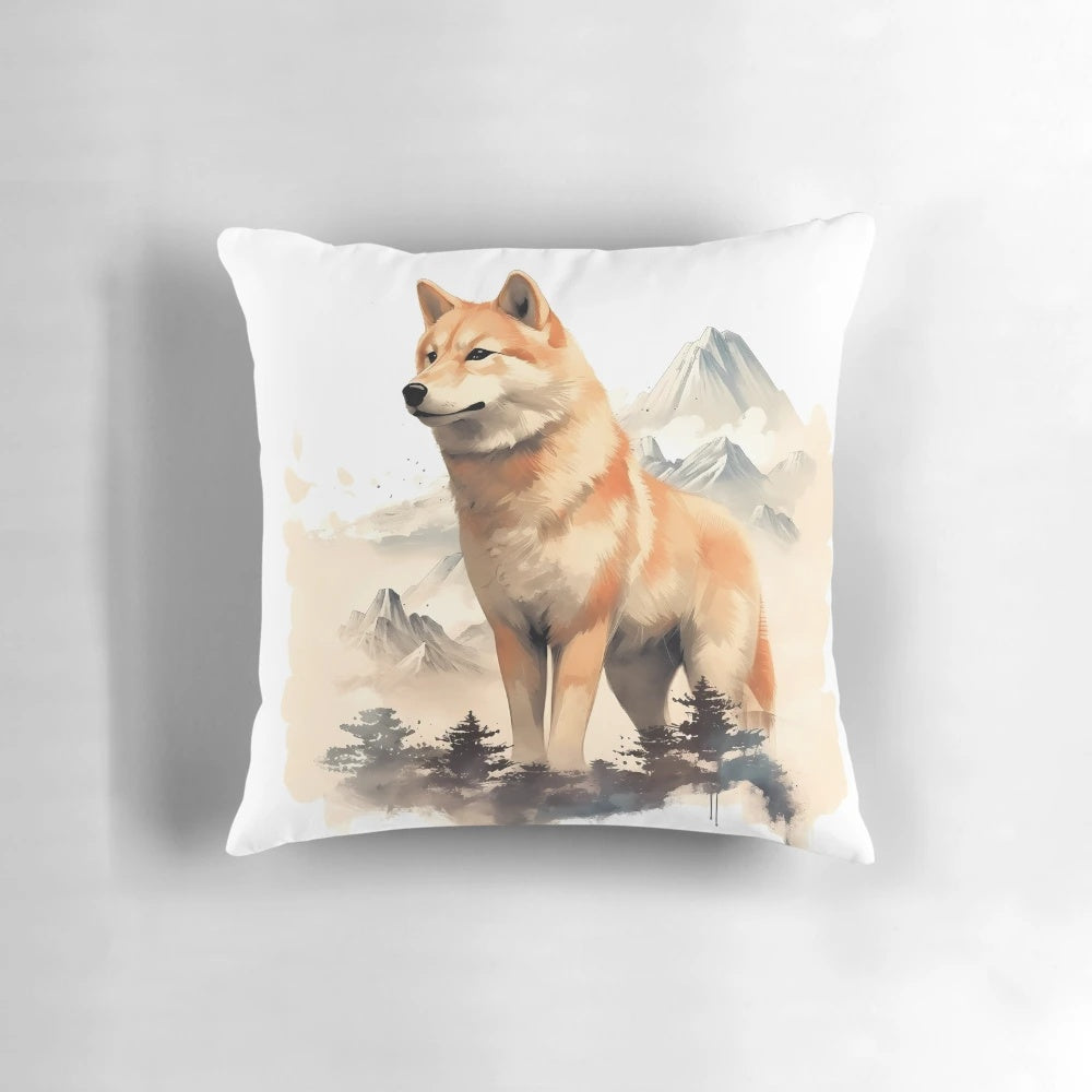 Vibrant retro painting of a Shiba Inu dog on a decorative pillow.