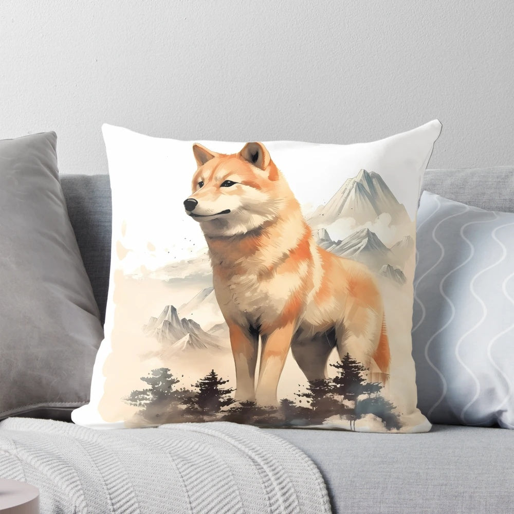 Vibrant retro painting of a Shiba Inu dog on a decorative pillow.