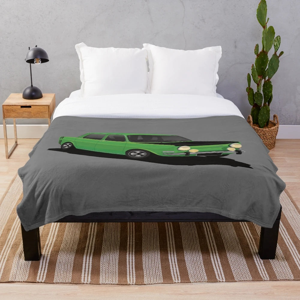 Soft and cozy plush blanket inspired by the classic Simca 1000 Rallye green sports car
