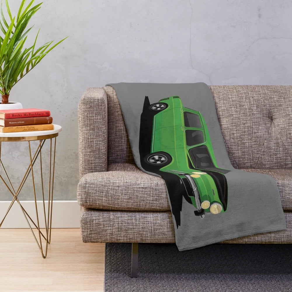 Soft and cozy plush blanket inspired by the classic Simca 1000 Rallye green sports car
