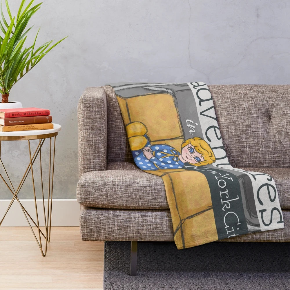 Retro plush blanket with family affair doll designs and New York City travel imagery