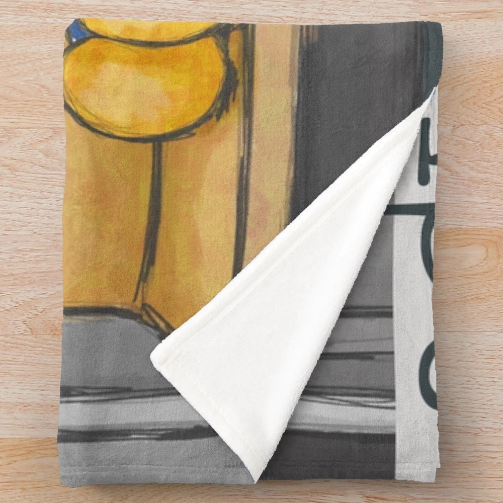 Retro plush blanket with family affair doll designs and New York City travel imagery