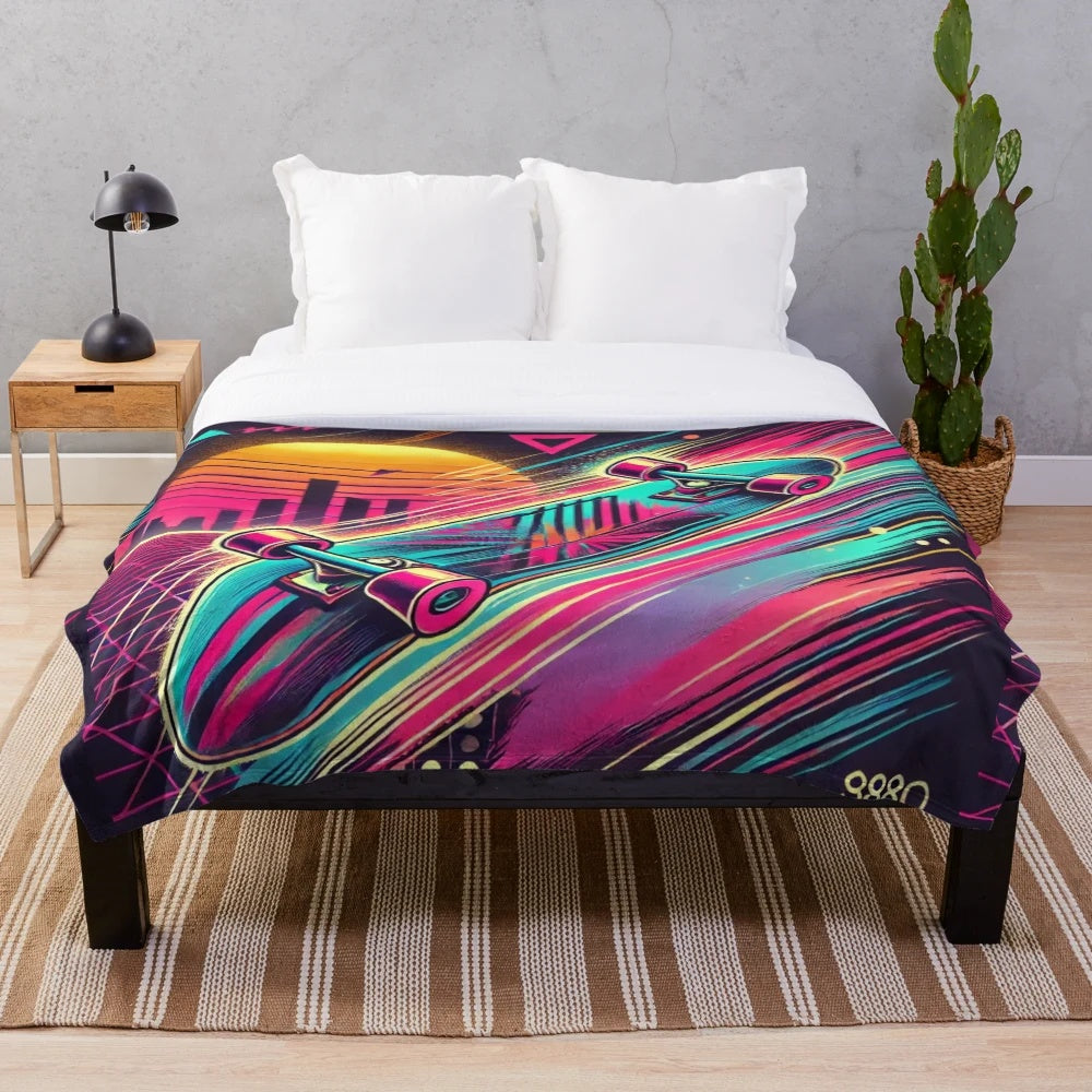 Retro skateboard plush blanket featuring 80s inspired graphics and vibrant neon colors
