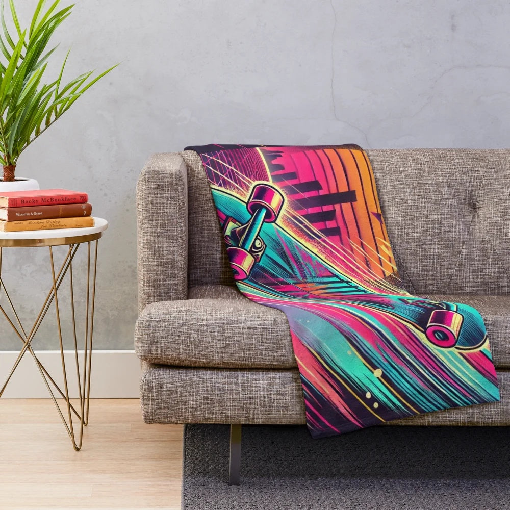Retro skateboard plush blanket featuring 80s inspired graphics and vibrant neon colors