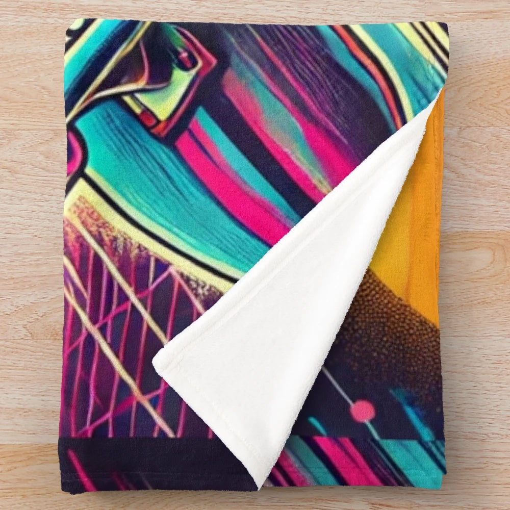 Retro skateboard plush blanket featuring 80s inspired graphics and vibrant neon colors