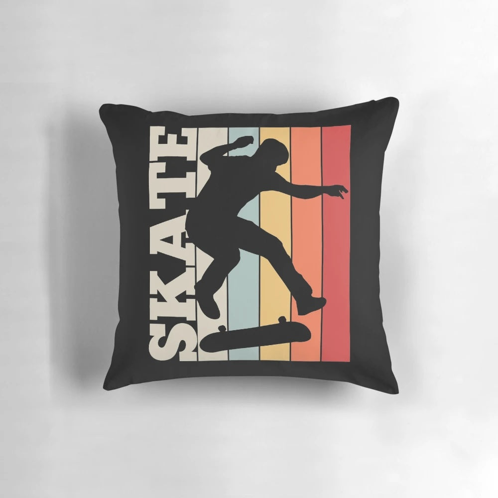 Retro-style skateboarding throw pillow with skater design