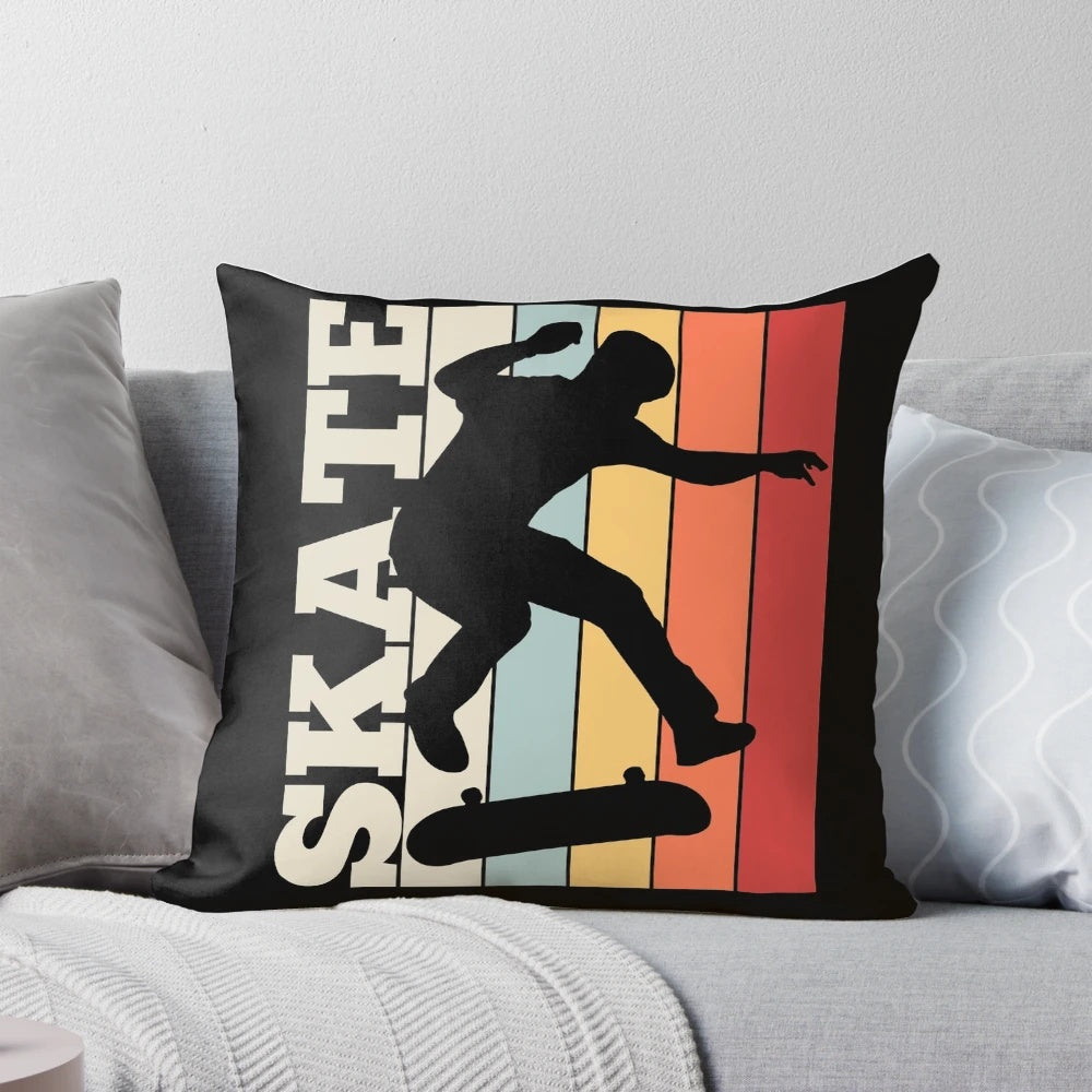 Retro-style skateboarding throw pillow with skater design