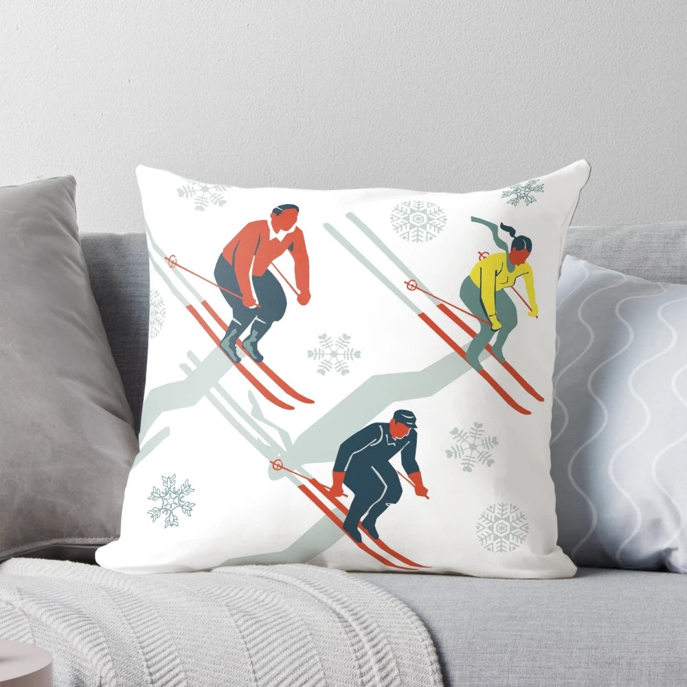 Vibrant mid century modern pillow with retro ski trail graphics in red, teal and yellow