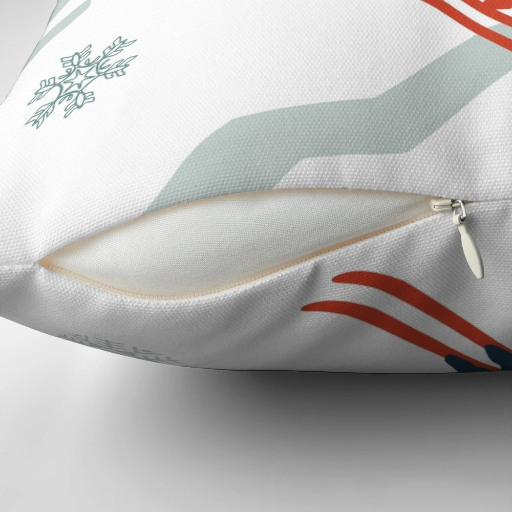 Vibrant mid century modern pillow with retro ski trail graphics in red, teal and yellow