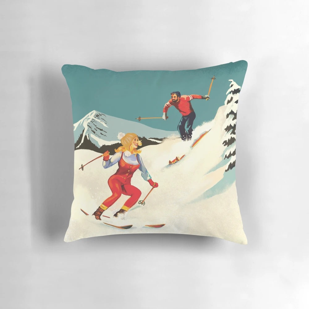 Retro skiing art pillow featuring a classic skiing scene with a blonde woman on the slopes